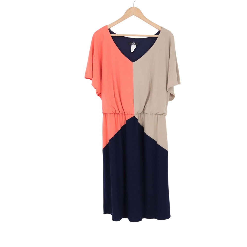 MSK Women Dress Womens 1X Colorblock Coral Beige Navy V-Neck NEW